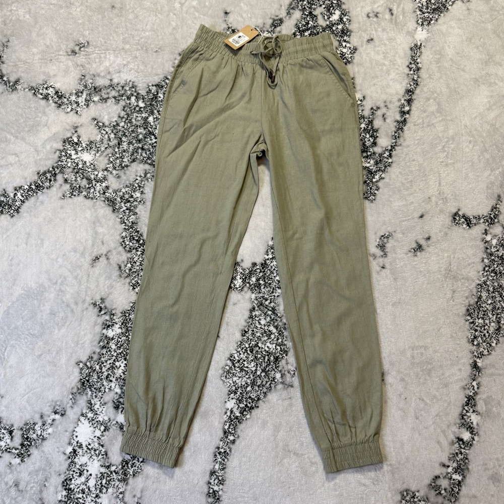 Revamped‎ Joggers Womens Size S Green Linen Blend Drawstring Pocket